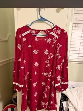 Hannah Red Embroidered Tunic with White Lace Trim